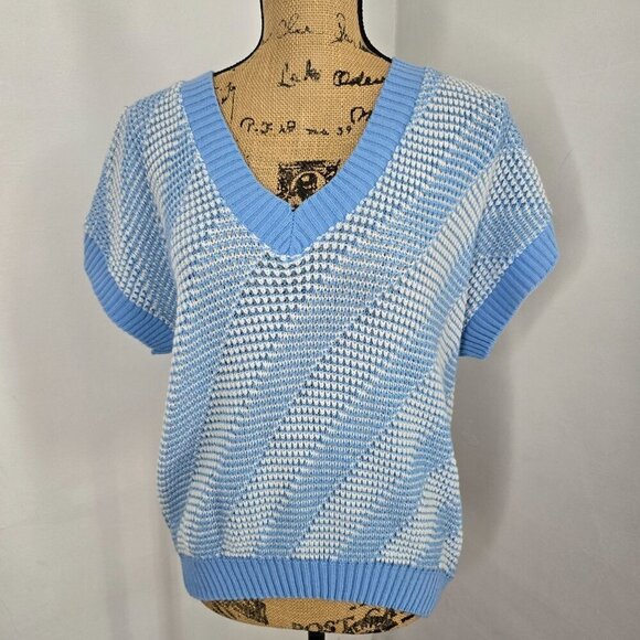Vintage Blue Knit V-neck Slouchy Sweater Top - Picture 9 of 9